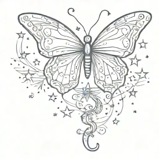 number seven, butterfly and stars tattoo design idea