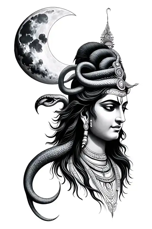 shiva tattoo with face thrisul, snake around neck , dumroo, moon on head cresent moon tattoo design idea