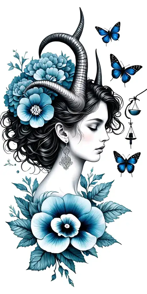 Capricorn woman with horns, LIBRA SCALES, pansy flower, butterfly, dragon flies, large beetle, tiny hydrangea petals tattoo design idea