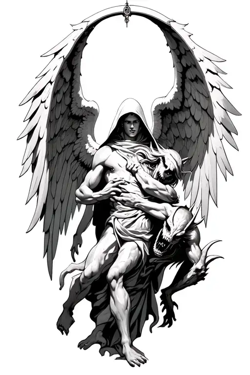 hooded arch angel defeating a demon tattoo design idea