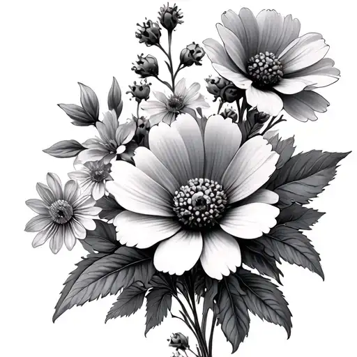 cosmos, larkspur and hawthorn flowers color infused black and grey tattoo design idea