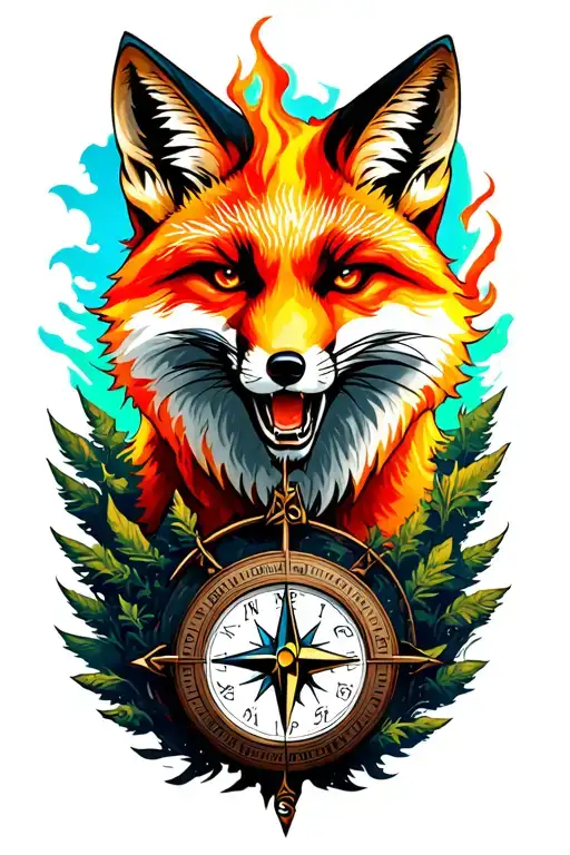 Angry Fox, forest, fire, compass, time, moon tattoo design idea