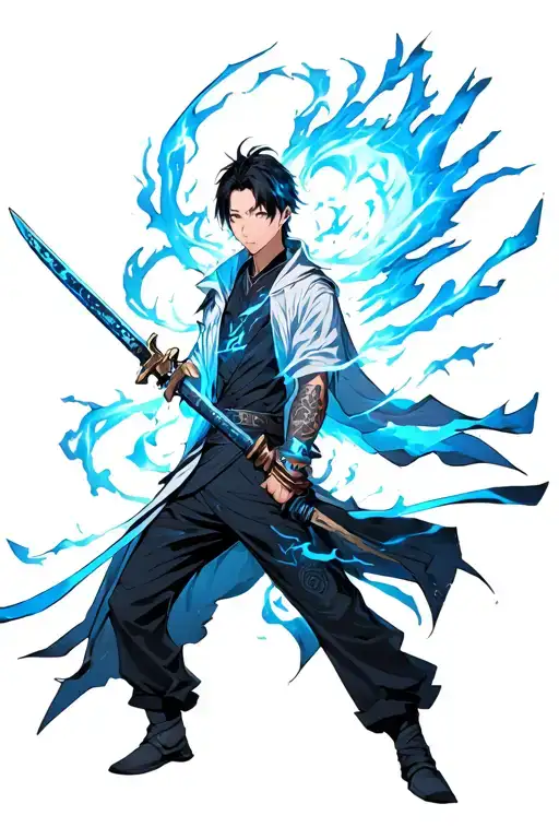 sung jinwoo from solo leveling anime with aura surrounding him holding his blades tattoo design idea