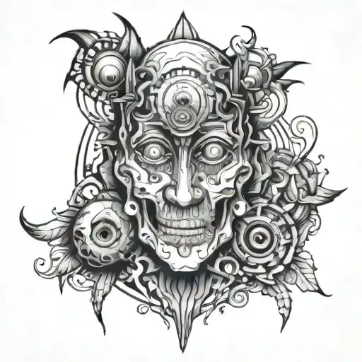 Psychedelic tattoos with many eyes on the whole arm and with different elements for a man in anime style and without painting in ra tattoo design idea