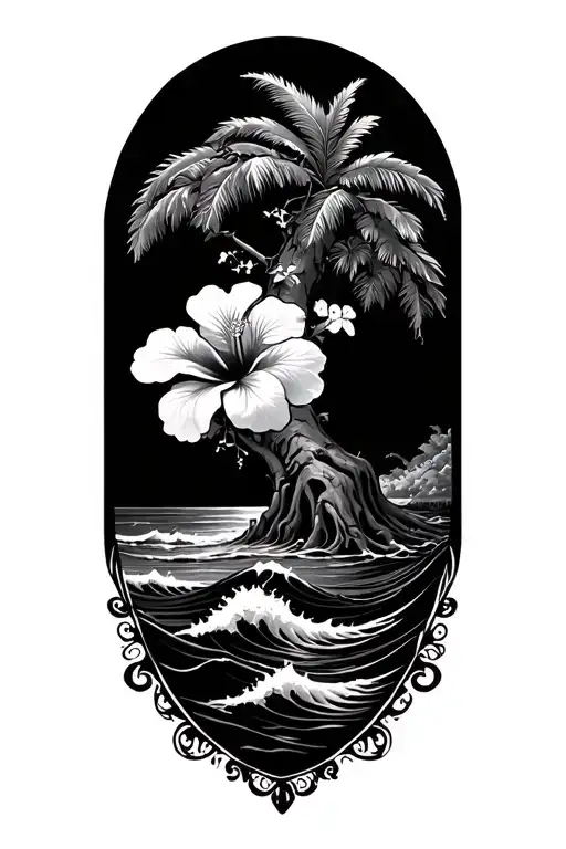 banyan tree with hibiscus vine with waves and a beach tattoo design idea