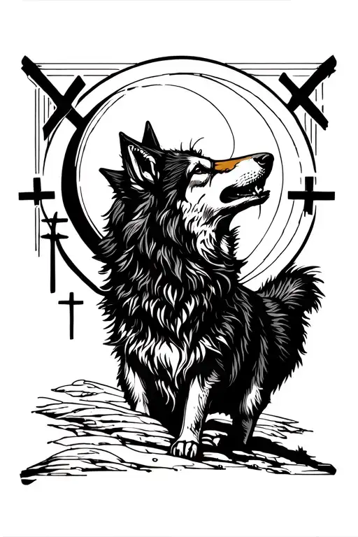 Wolf howling at full moon with three crosses in the background tattoo design idea