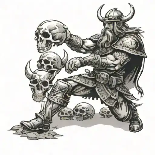 Viking warrior stepping on skulls with hand raised in victory, Minnesota Vikings themed tattoo design idea