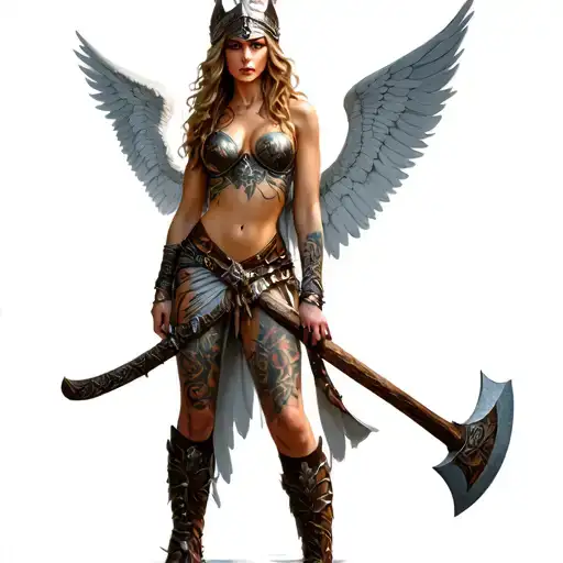 sexy Valkyrie with wings and Axe  tattoo design idea