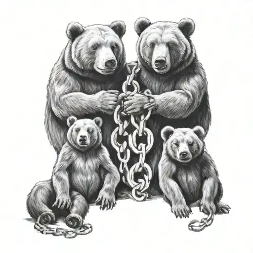 Realism tattoo of 3 bears with chains that have letters. Grandpa bear, mama bear, baby bear tattoo design idea