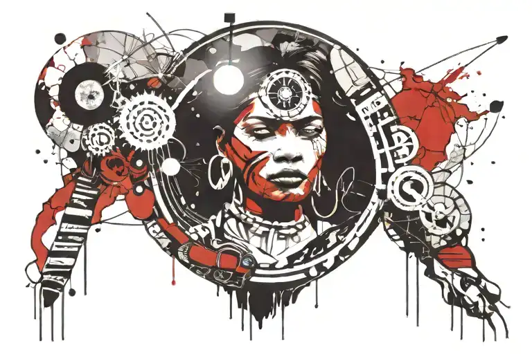 indigenous woman face with planet earth; sun; moon; tattoo design idea