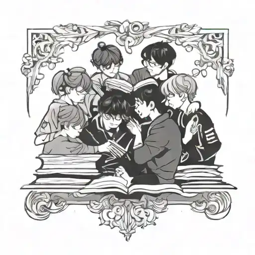 A tattoo design featuring the members of BTS surrounded by books, symbolizing the client's love for both BTS and reading tattoo design idea