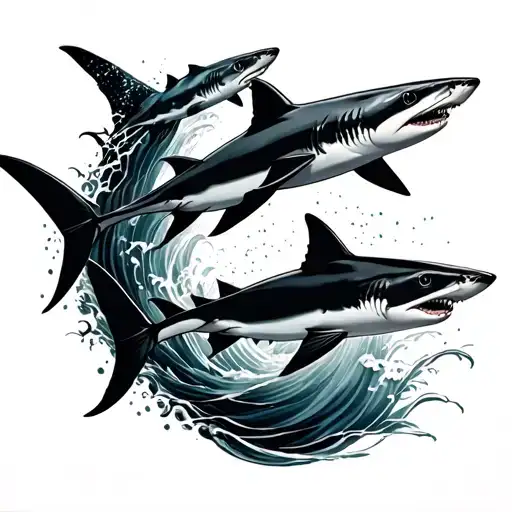 three different spieces sharks swimming up spine, with shadows, and abstract wave going from left shoulder to right hip  tattoo design idea