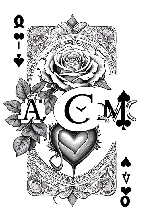 rose, cross, austism heart, initials A C M letter, dates, playing card, alice madness theme tattoo design idea
