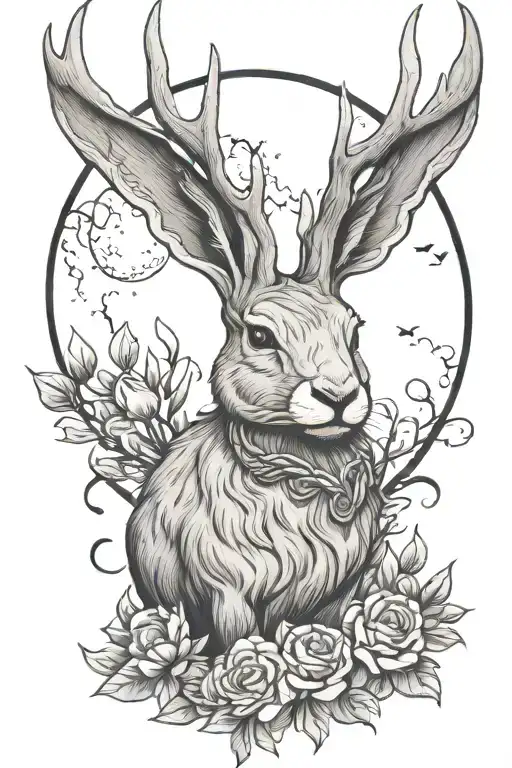 Jackalope with moon between antlers tattoo design idea