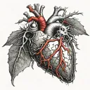 Silver Realistic Human Heart, bleeding, wrapped in thorny branches, bloody, Black red, veins Vessels, Aorta valve, satan tattoo design idea