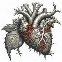 Silver Realistic Human Heart, bleeding, wrapped in thorny branches, bloody, Black red, veins Vessels, Aorta valve, satan tattoo design idea