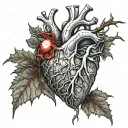 Silver Realistic Human Heart, bleeding, wrapped in thorny branches, bloody, Black red, veins Vessels, Aorta valve, satan tattoo design idea