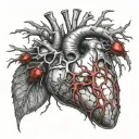 Silver Realistic Human Heart, bleeding, wrapped in thorny branches, bloody, Black red, veins Vessels, Aorta valve, satan tattoo design idea