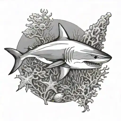 shark swimming in coral reef tattoo design idea
