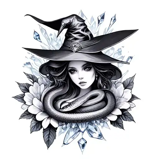 witchy themes piece, greyscale, crystals snakes flowers tattoo design idea