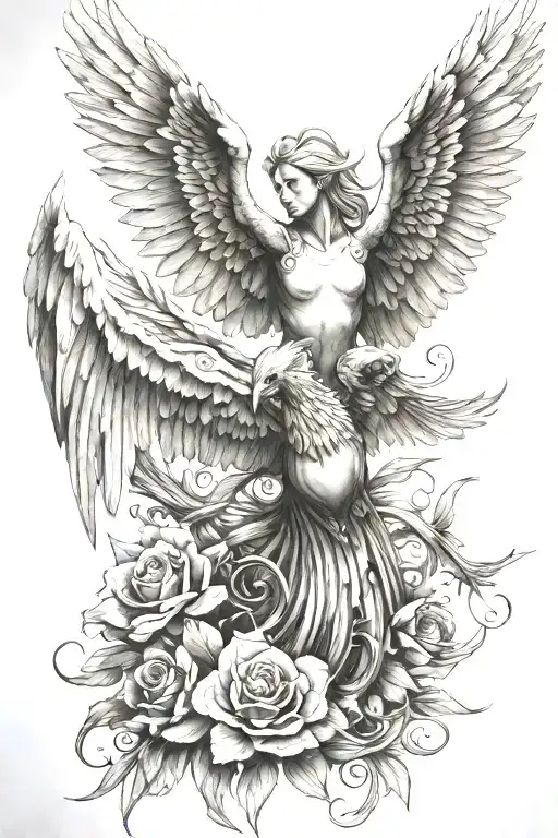 fallen Angel and phoenix tattoo design idea