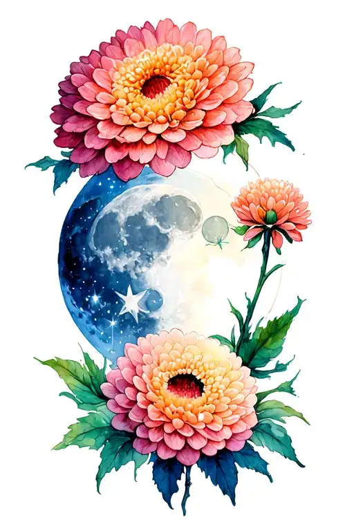 chrysanthemum flower waning gibbous moon and Sagittarius constellation tattoo design idea