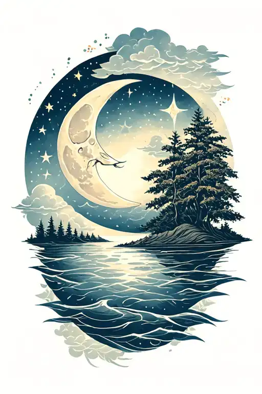 Traditional-style moon, stars, clouds, water, trees, wind, and shadows—realistic detail, muted colors tattoo design idea