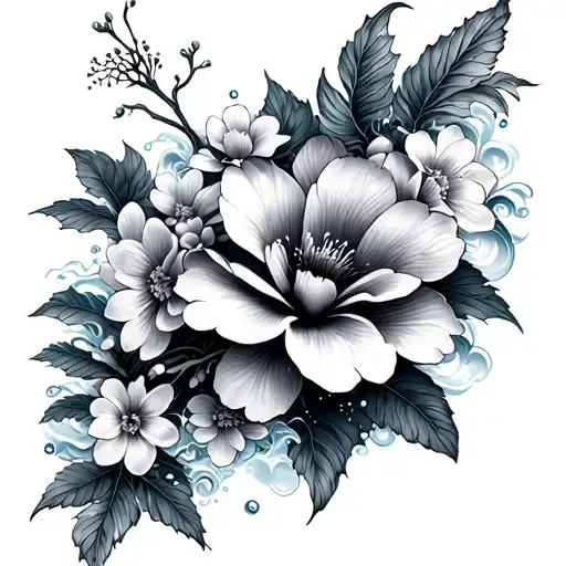 chrysanthemum hibiscus lotus cherry blossoms water waves and kois tattoo design idea