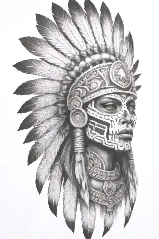 aztec warrior girl, skeletal fierce face tattoo design idea