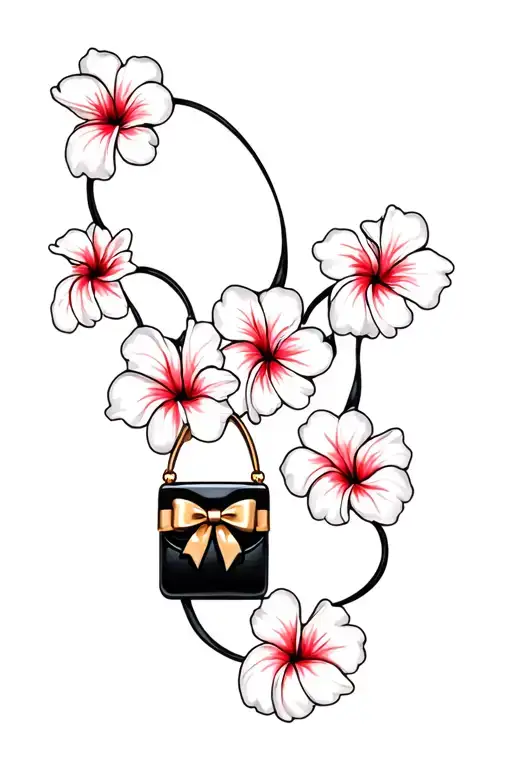 multiple hibiscus flowers around black purse and gold bow tattoo design idea