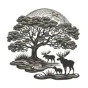 a tree of life with a moose and a man and kid silhouette fishing   tattoo design idea