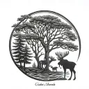 a tree of life with a moose and a man and kid silhouette fishing   tattoo design idea