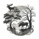 a tree of life with a moose and a man and kid silhouette fishing   tattoo design idea