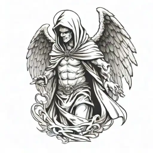 A striking black and white tattoo design on a white background: a powerful male angel with a flowing cape and a hood, dr tattoo design idea
