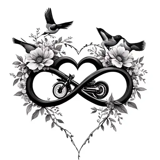 infinity heart intertwined with flowers and vines with birds including a girly wispy outline of a motorcycle  tattoo design idea