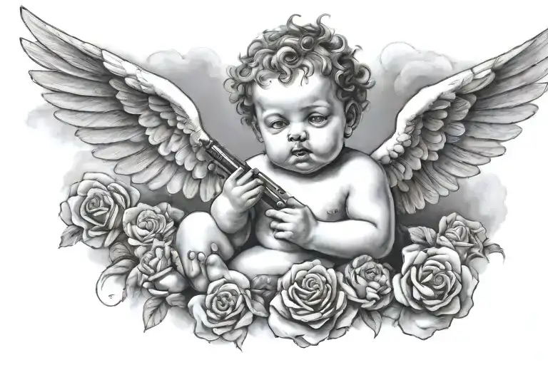 a cherub, relaxing on a cloud, smoking a cigarette & holding a pistol. realism tattoo design idea