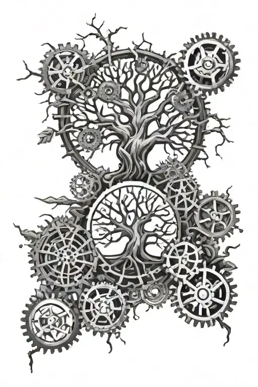 A tree of life tattoo with roots spreading into a network of gears and machinery, showcasing the connection between nature and innovation tattoo design idea