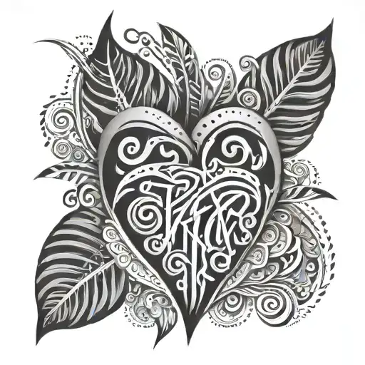 Heart in tribal lines in teh names Bisk8 and Pipoka inside tattoo design idea