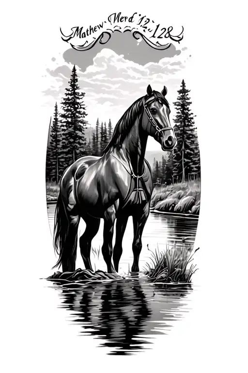 Matthew 11:28 with western horse theme next to a river tattoo design idea