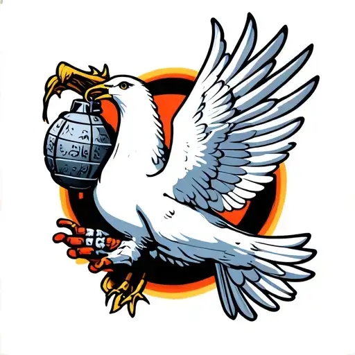a flying white dove holding a hand grenade in its claws  tattoo design idea
