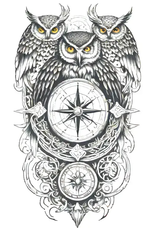 earth, moon, compass, time, owl, phoenix tattoo design idea
