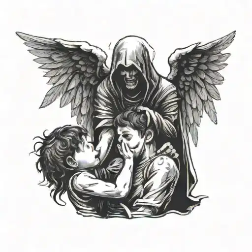 a boy crying at an executioner about to chop off an angels head tattoo design idea