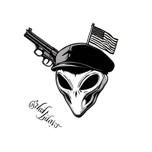 Alien's face with gun and military beret with flag tattoo design idea