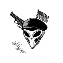 Alien's face with gun and military beret with flag tattoo design idea
