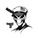 Alien's face with gun and military beret with flag tattoo design idea