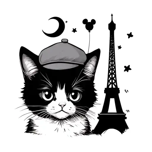 silhouette kitty wearing a beret with Effiel tower and crescent moon with a mickey mouse Ballon  tattoo design idea