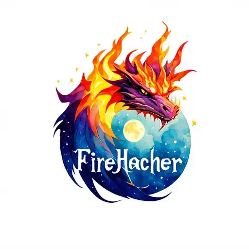 Make a logo for word "FireHacher." Fire breathing space dragon, stars, moons, space elements tattoo design idea