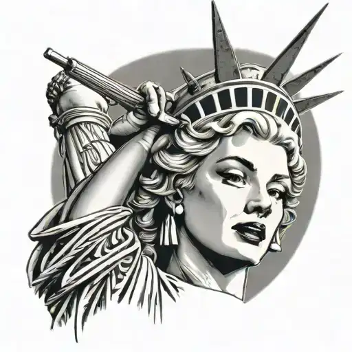 marilyn monroe head on statue liberty with gun tattoo design idea