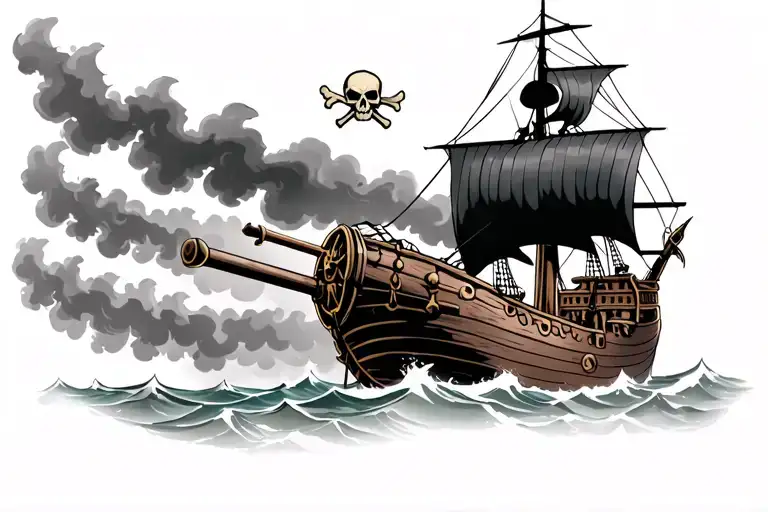 Pirate ship in the storm firing broadside cannons  with a ghostly skull and cross bones above tattoo design idea