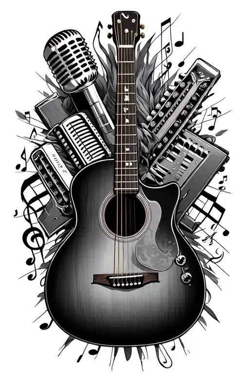 acoustic guitar, microphone, harmonica intertwined with musical notes tattoo design idea